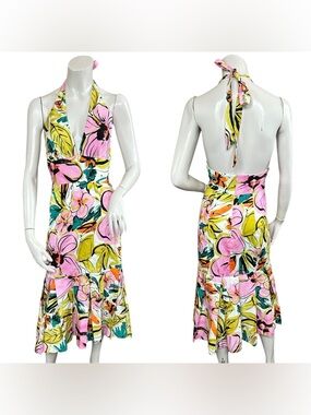 Vintage Y2K Milly of NY White Floral Midi White Floral Halter Dress Size 4